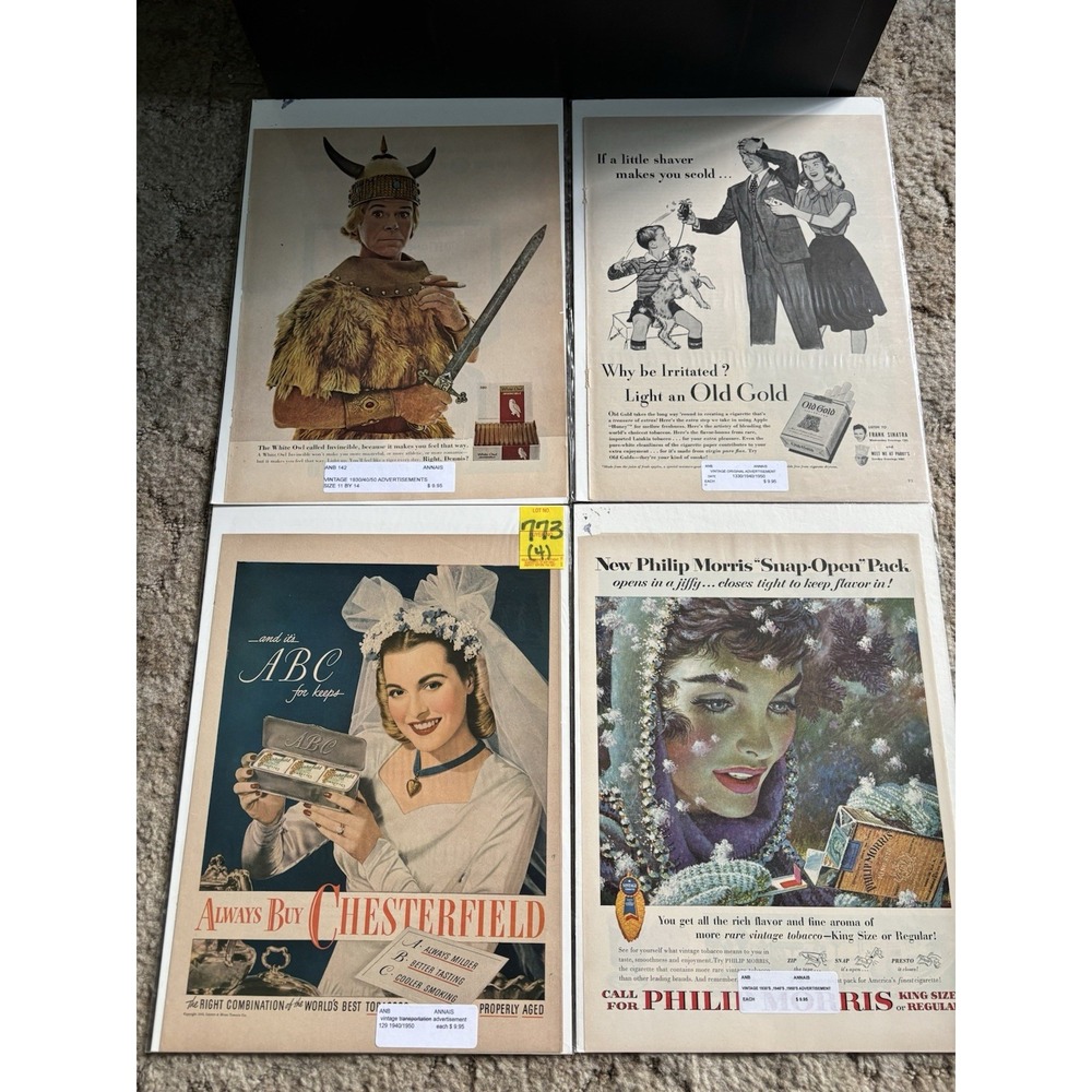 Lot of 15 Vintage 1940s 1950s Cigarette Cigar Print Ads Chesterfield Old Gold